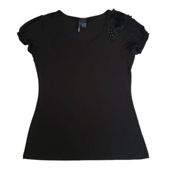 Saint Tropez West Women's Solid Black Beaded Short Sleeve Blouse Size Medium - Picture 2 of 12